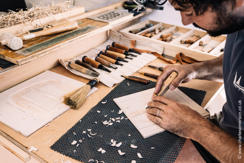 Woodblock printmaker, Adrian Holmes